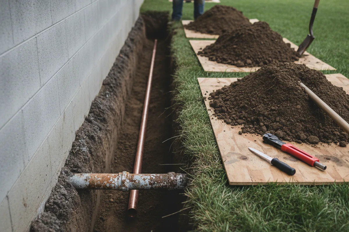 Excavated water line trench during Water Softener Installation in Advance